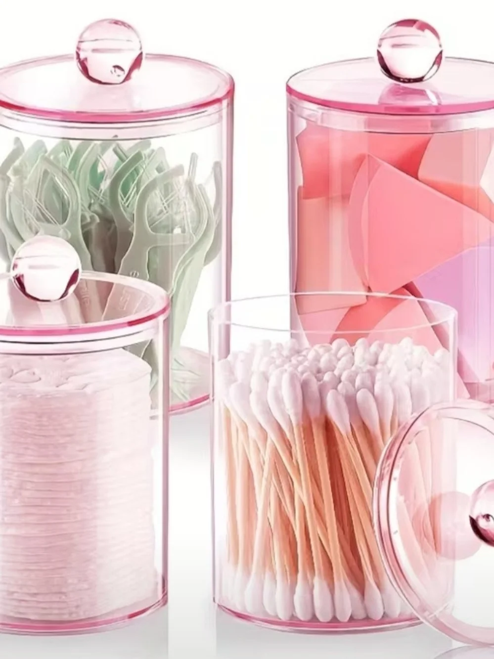 4-Piece EUC Preloved Pink Apothecary Jar Organizer Set (8 Total Pieces)